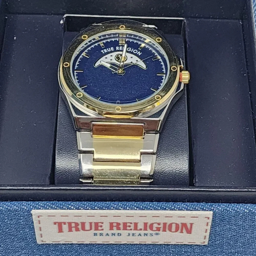 True Religion Watch Blue Dial Gold Bezel Two Tone Mens Analog Bracelet Boxed